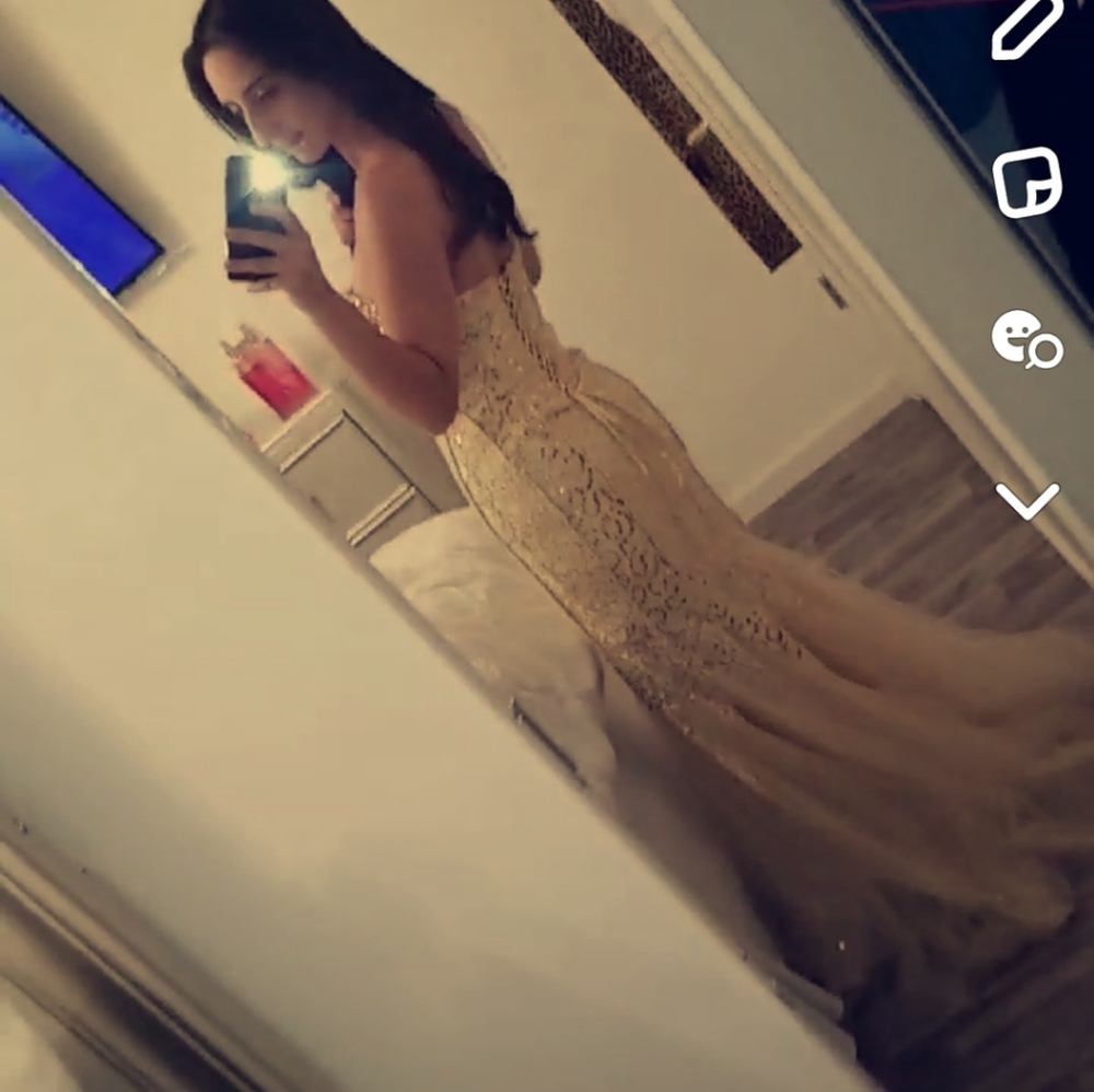 Mermaid GOLD Prom Dress. Size 4. Ony worn once. Crystal bodice. Tule skirt. - Picture 4 of 6